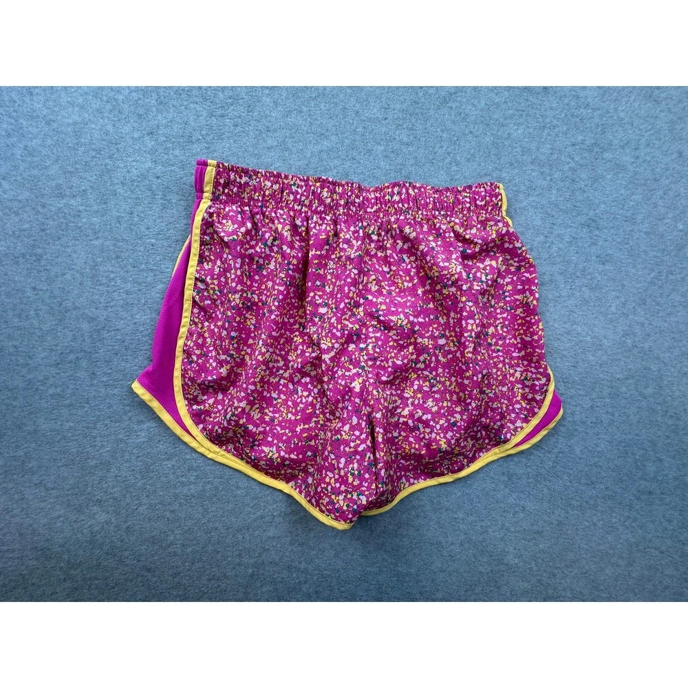 Nike Dri-FIT Womens Running Shorts Pink Floral Splatter Print Yellow Trim Size M